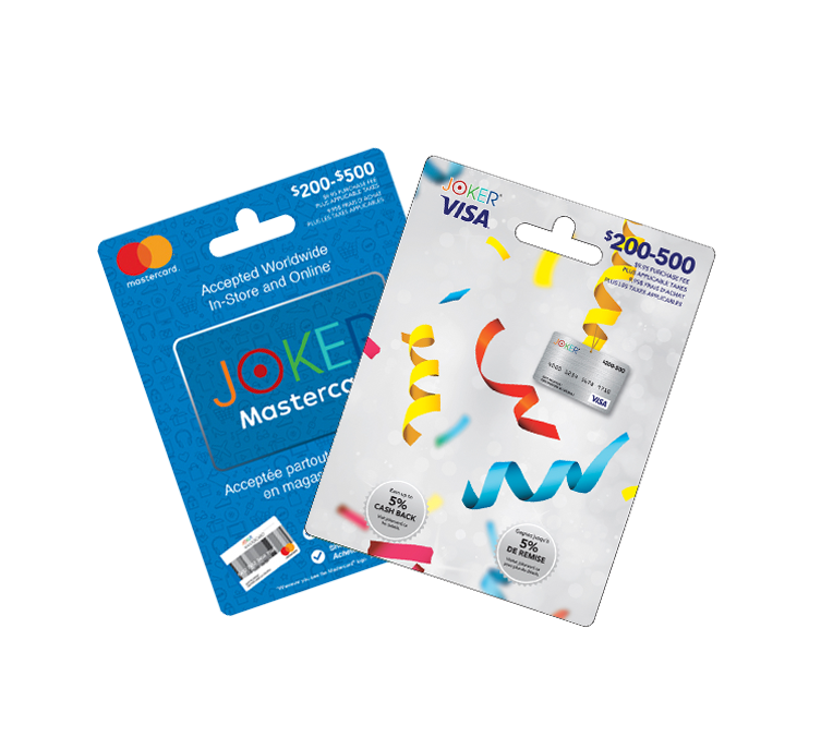 A blue Joker MasterCard gift card on a blue gift card cardboard hanger valued $200-500 accepted worldwide in-store and online. A gift card hanger featuring a small gray Joker Visa gift card surrounded by yellow, red and blue curly ribbons with a value $200-500 and text states earn up to 5% cash back.
